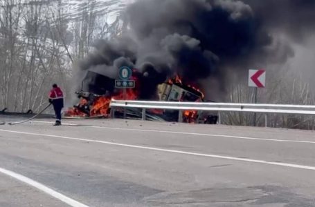 Yoldan çıkıp devrilen tır alev alev yandı